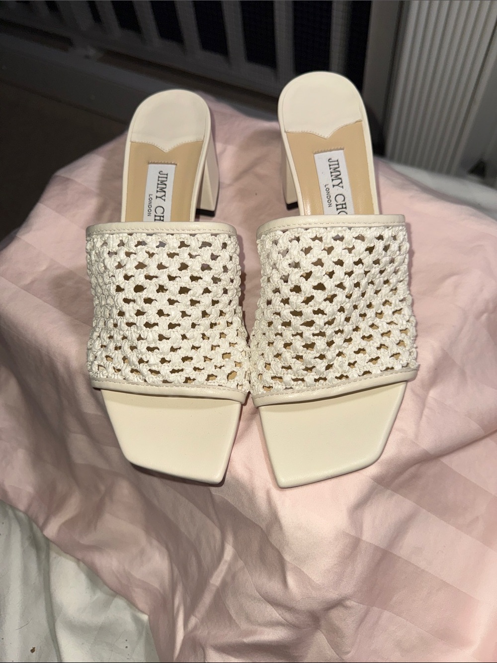 NWOT - Jimmy Choo Themis 45 Woven Raffia Mules. Latte White & leather trim.
